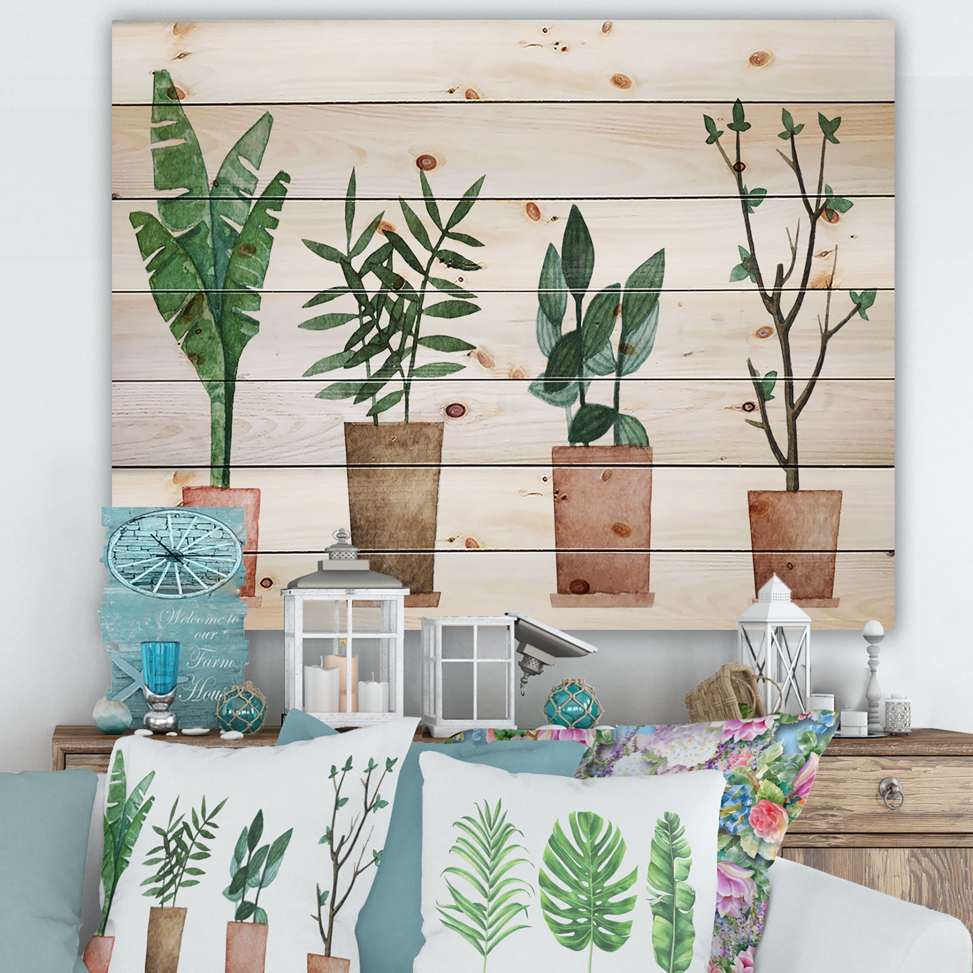 Designart 'Duo of Potted Flowers House Plants In Claypots' Farmhouse Print on Natural Pine Wood