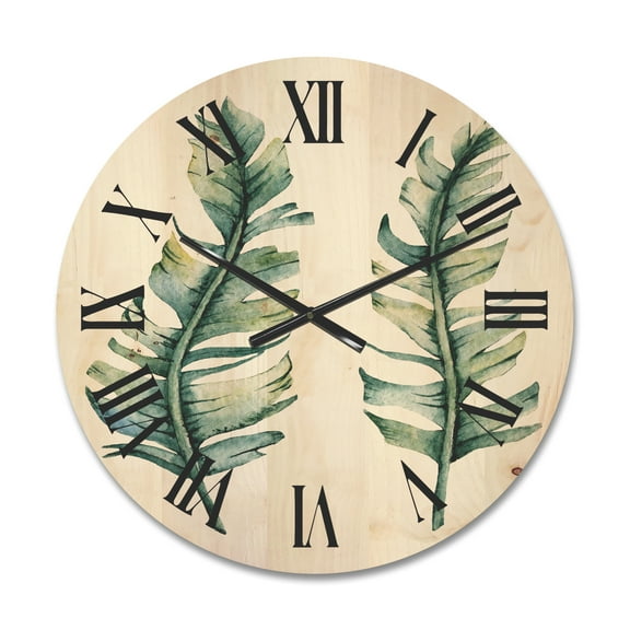 Designart 'Duo of Tropical Leaves On White' Farmhouse Wood Wall Clock