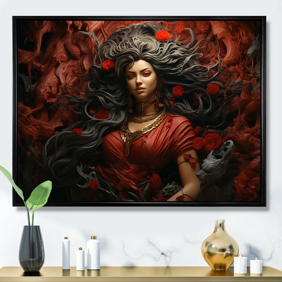 Designart "Durga'S Courage: Hindu Woman In Crimson" Hinduism Floater Framed Wall Decor