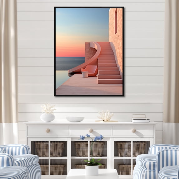 Designart "Dusk Beachside Building Calm" Coastal Floater Framed Canvas Art Print