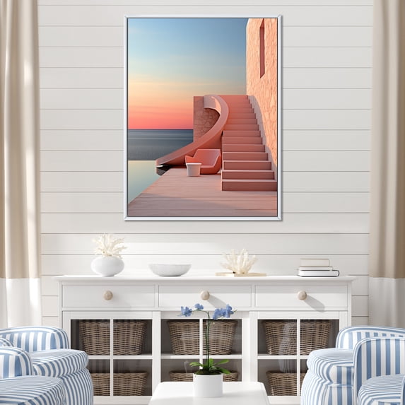Designart "Dusk Beachside Building Calm" Coastal Floater Framed Canvas Art Print