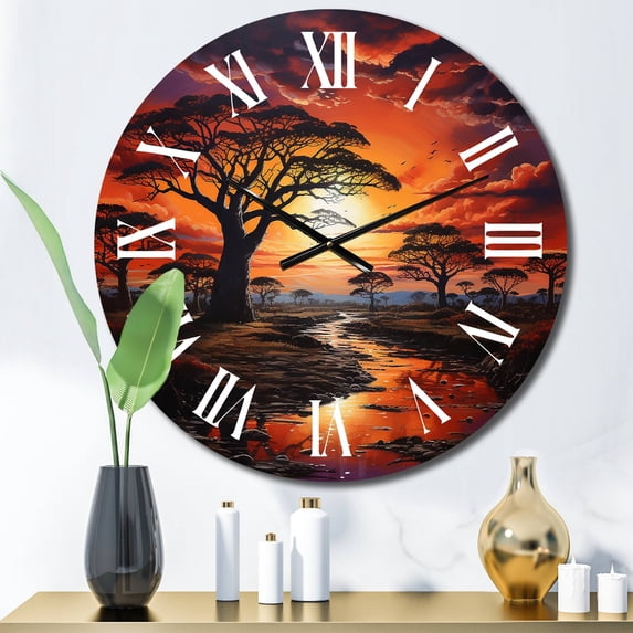 Designart "Dusk Beneath Baobab" Landscapes Oversized Wall Clock