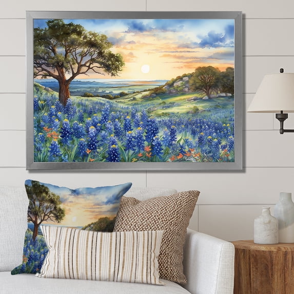 Designart "Dusk Blue Bonnets" Blue Bonnets Picture Framed Canvas Art Print