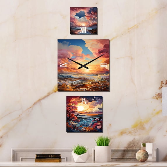 Designart "Dusk Clouds Fluid Ink View" Clouds Oversized Wall Clock - Set Of 3 - Multipanel Clock For Living Room Décor - Large Traditional Wall Clock