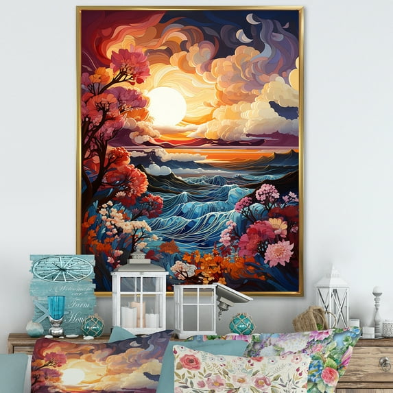 Designart "Dusk Clouds Fluid Ink View II" Clouds Floater Framed Wall Art Living Room