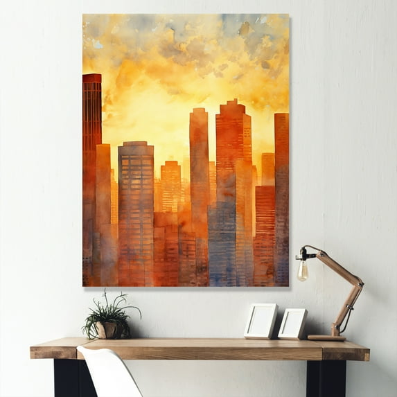 Designart "Dusk Glow Urban Panorama" Skyscrapers Wall Art Living Room