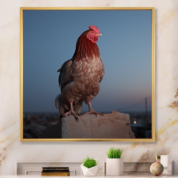 Designart "Dusk Rooster Cock-a-Doodle" Animals Framed Wall Art - Traditional Red Chicken Living Room Framed Canvas Art