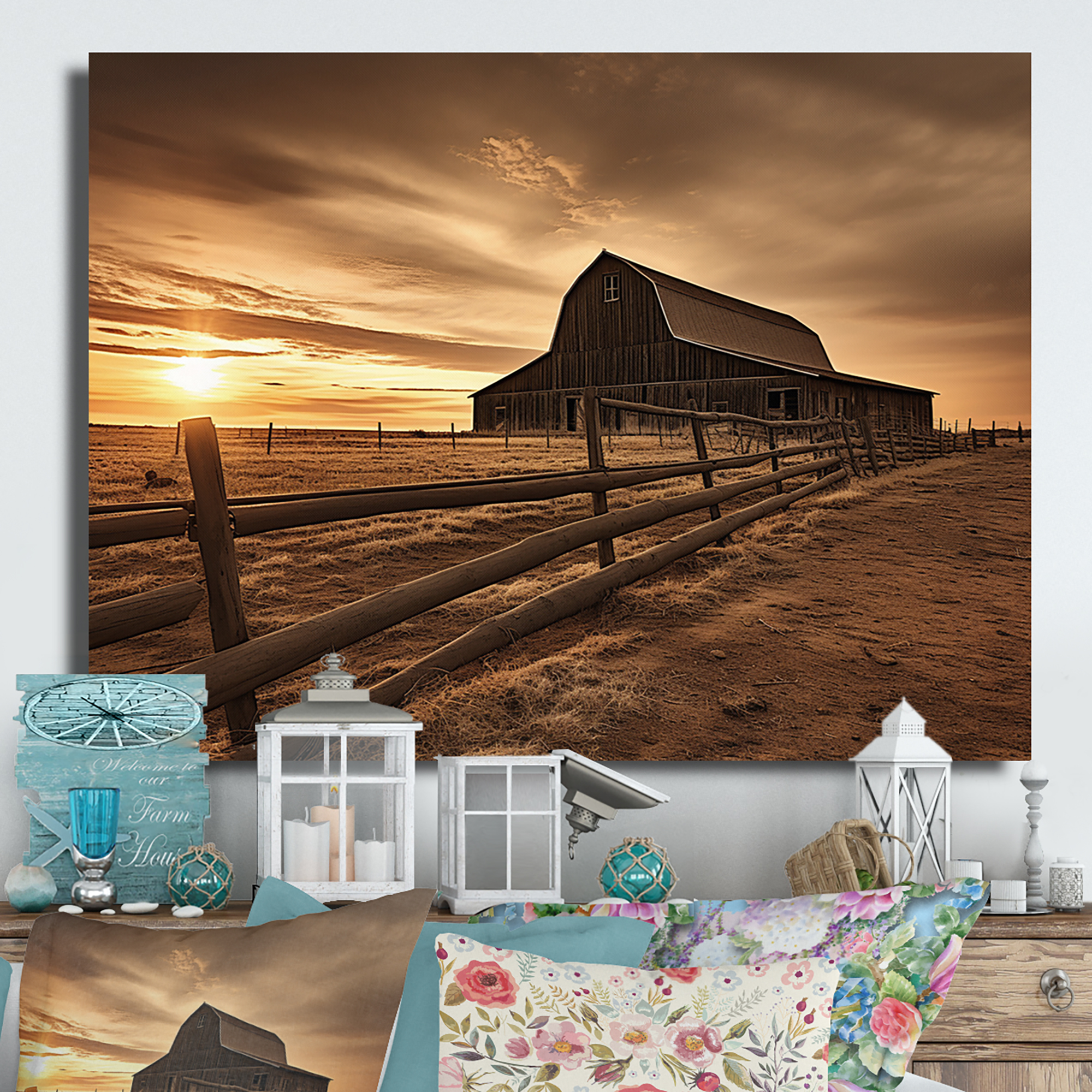 Designart "Dusk Scenery at the Barn II" Farmhouse Metal Wall Art