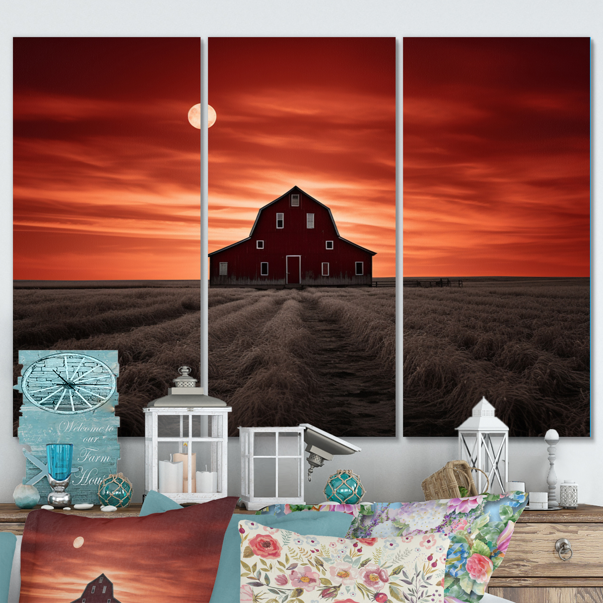 Designart "Dusk Scenery at the Barn III" Farmhouse Art Living Room Set ...