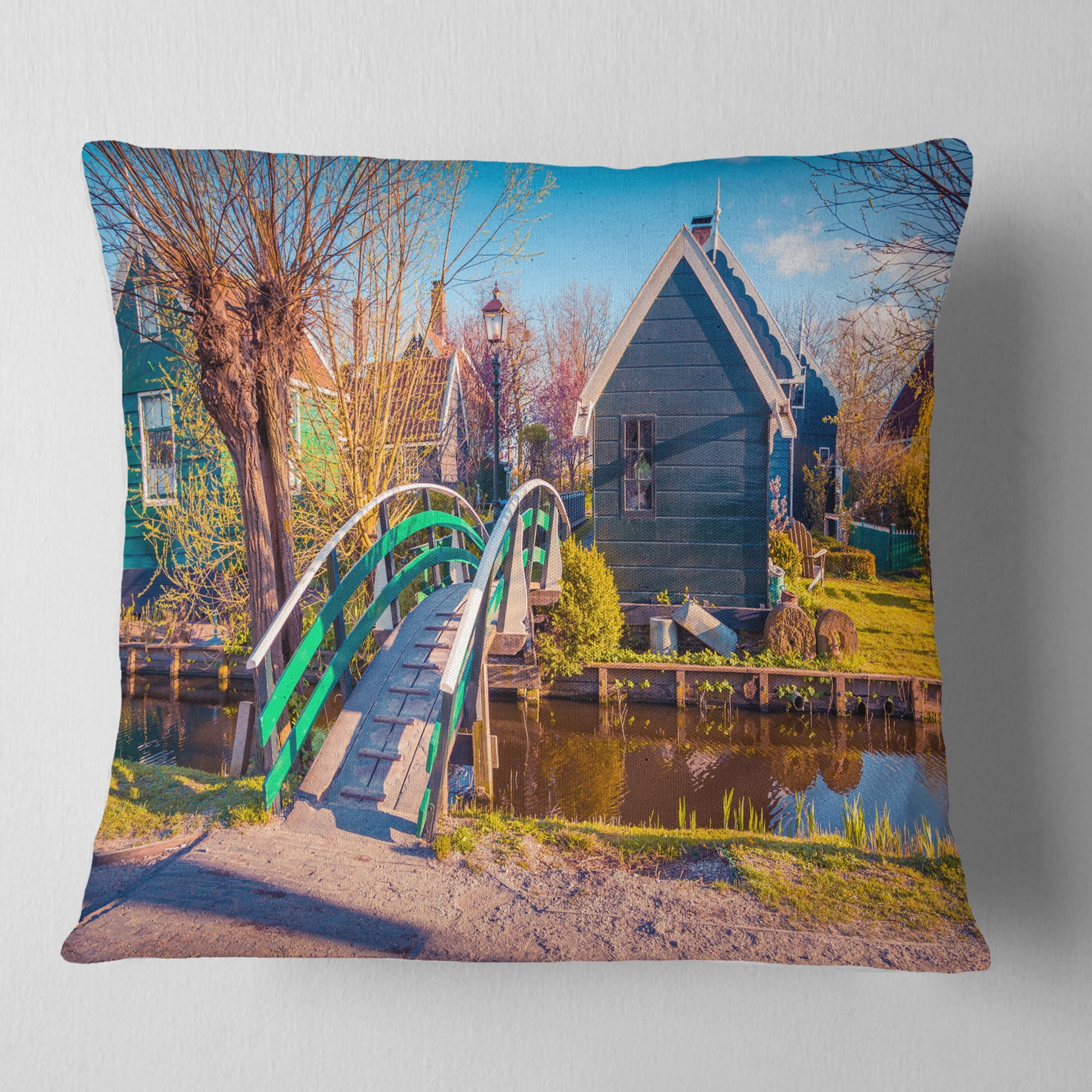 Designart Dutch Buildings in Zaanstad Village - Landscape Printed Throw Pillow - 16x16