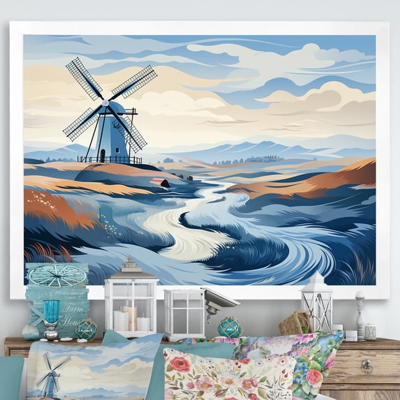 Designart "Dutch Countryside Wind Turbine Meadows I" Architecture Framed Wall Art Decor - Industrial Blue Wind Turbines Hallway Framed Wall Art Decor