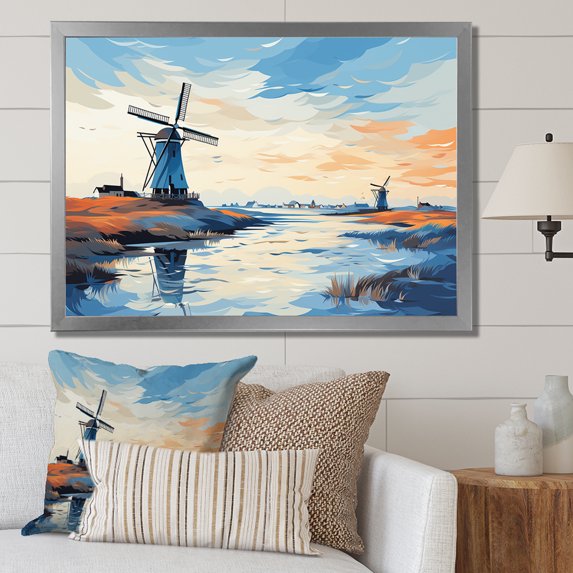 Designart "Dutch Countryside Wind Turbine Meadows III" Architecture Framed Wall Art Decor - Industrial Blue Wind Turbines Entryway Framed Wall Art Print
