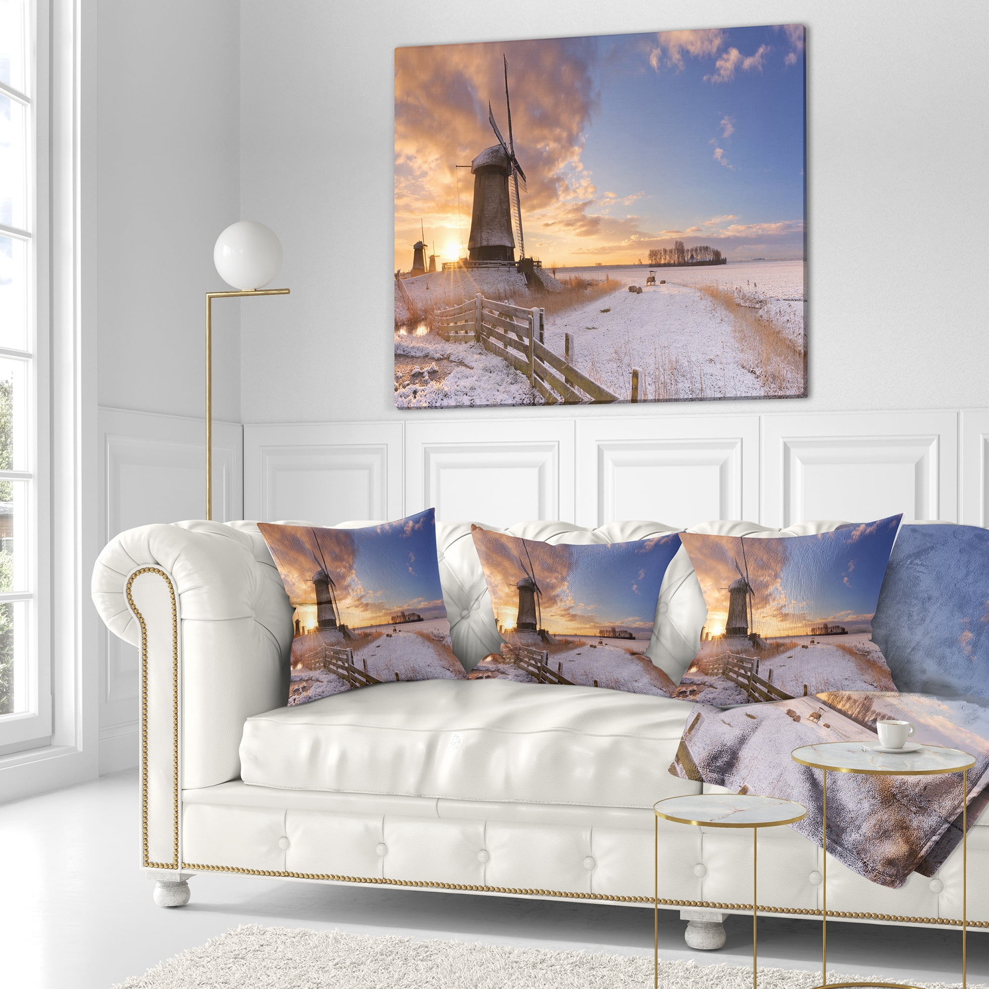 Designart Dutch Windmills at Sunrise - Abstract Throw Pillow - 16x16