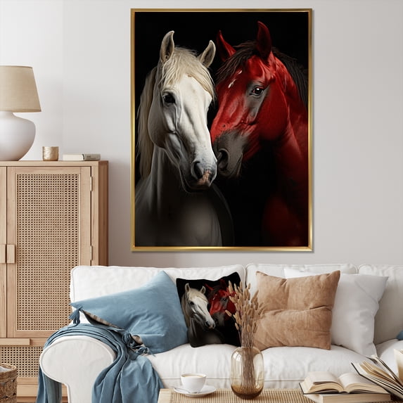 Designart "Dynamic Duo Red and White Horse" Animals Floater Framed Wall Art Print