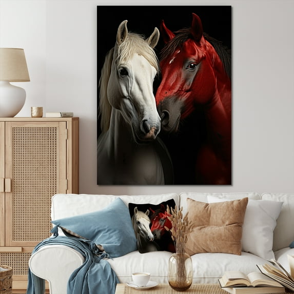 Designart "Dynamic Duo Red and White Horse" Animals Wall Art Print