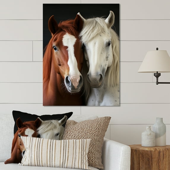 Designart "Dynamic Equine Duo White and Brown Horse III" Animals Metal Art Living Room