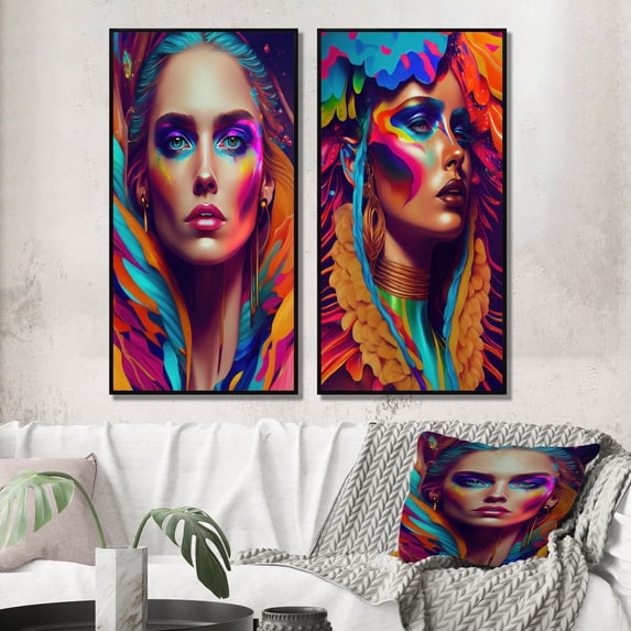 Designart "Dynamic Feather-Adorned Woman Portrait II" Woman Avant-Garde Framed Wall Art Set Of 2 - Multicolor Fashion Framed Wall Art Set Of 2