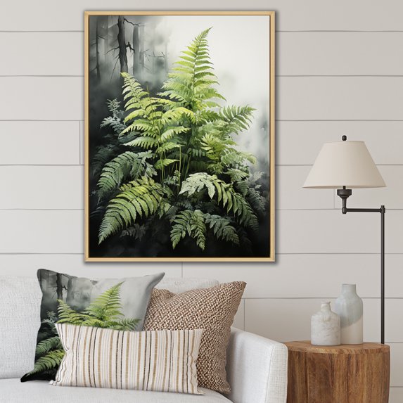 Designart "Dynamic Ferns Green and Black Contrast I" Floral & Botanical Floater Framed Wall Decor