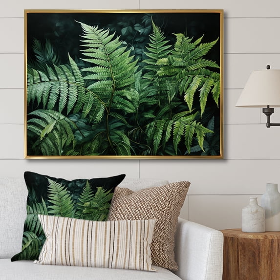 Designart "Dynamic Ferns Green and Black Contrast IV" Floral Floater Framed Canvas Art Print