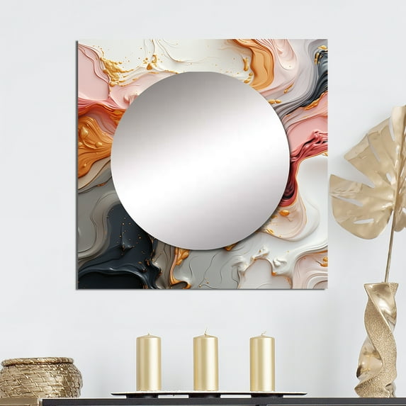 Designart "Dynamic Flowing Art In Gilt Blush Black And Blue I" Abstract Shapes Square Mirror Wall Decor Transitional - Large Gold Square Bathroom Mirror - Square Printed Wall Mirror Art