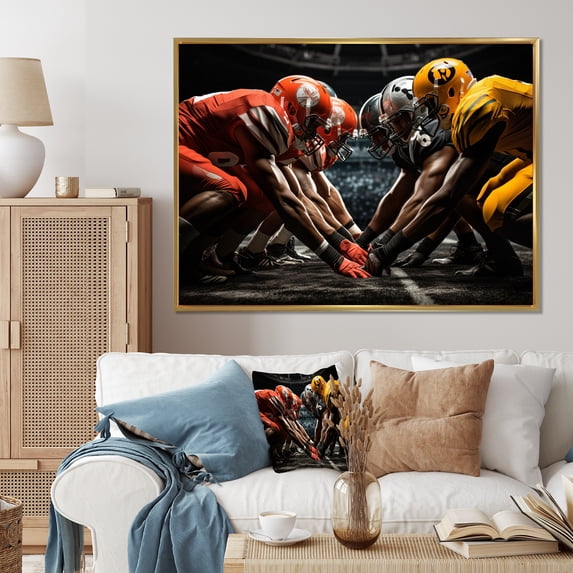 Designart "Dynamic Formation in Yellow Football" Sports Floater Framed Wall Decor