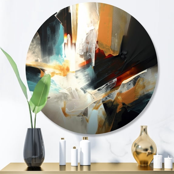 Designart "Dynamic Fusion of Orange and Blue (I) IX" Minimalism Metal Round Art Print