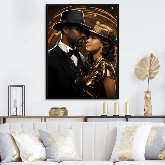 Designart "Dynamic Jazz African American Couple in Gold I" People Framed Wall Art - Global Gold Harlem Renaissance Hallway Framed Wall Art Decor