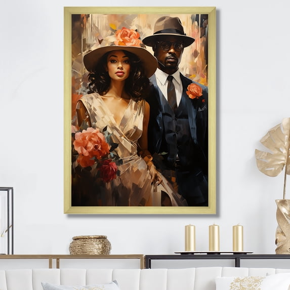 Designart "Dynamic Jazz African American Couple in Gold II" People Framed Wall Art - Global Black Harlem Renaissance Living Room Framed Canvas Art