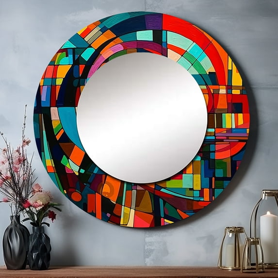 Designart "Dynamic Orange Forces in Motion" Modern Geometric Orange Large Round Mirror - Round Bedroom Mirror Wall Decor - Modern Round Printed Mirror - 36" x 36"