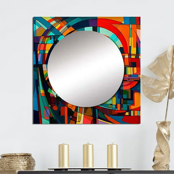 Designart "Dynamic Orange Forces in Motion" Modern Geometric Square Mirror For Wall Decor - Large Orange Square Mirror Printed Wall Decor - Modern Square Living Room Mirror