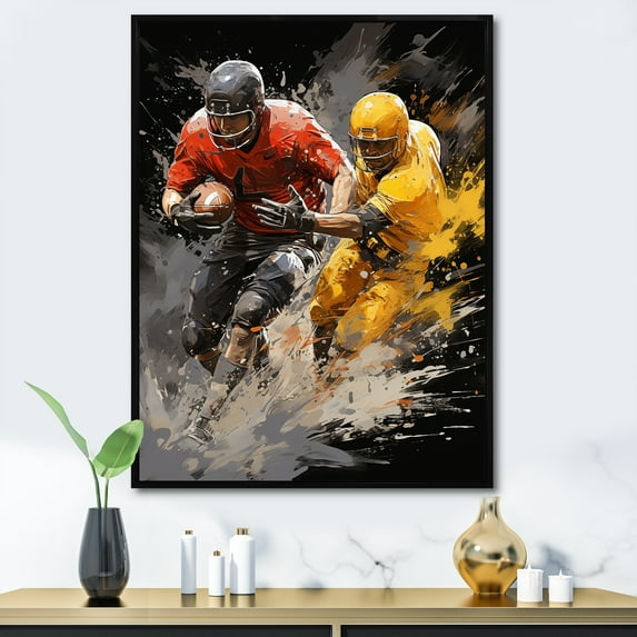 Designart "Dynamic Plays Yellow Football wall art I" Sports Floater Framed Wall Decor