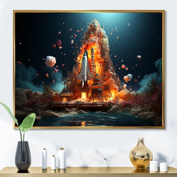 Designart "Dynamic Shuttle Departure I" Rocketship Floater Framed Wall Decor