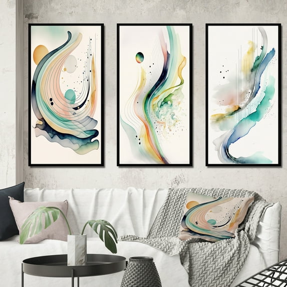 Designart "Dynamic Watercolor Flow I" Modern Framed Wall Art Set Of 3 - Pink Abstract Minimalism Frame Gallery Wall Set For Home Decor