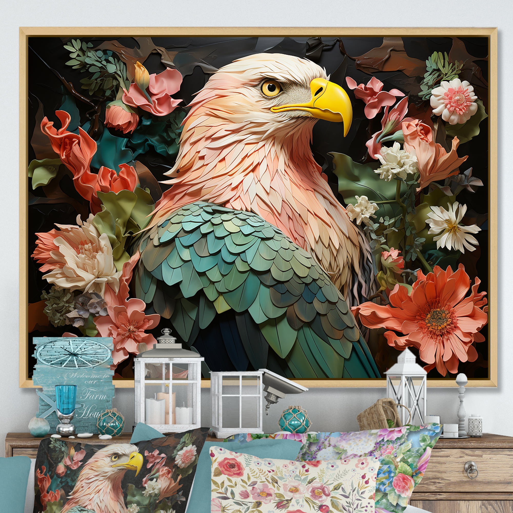 Designart "Eagle Portrait Pink and Vibrant" Animals Framed Wall Art