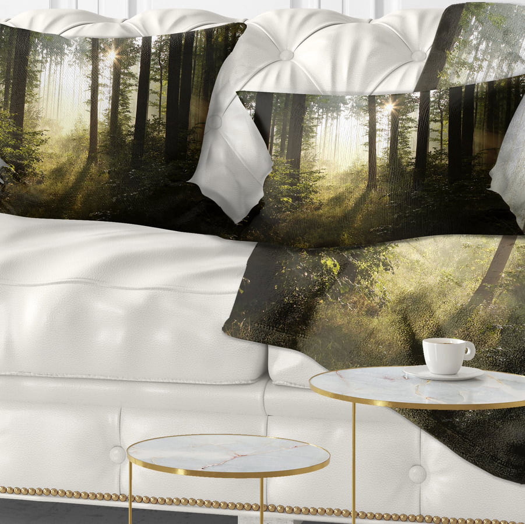 Designart Early Morning Sun in Misty Forest - Landscape Photography Throw Pillow - 12x20