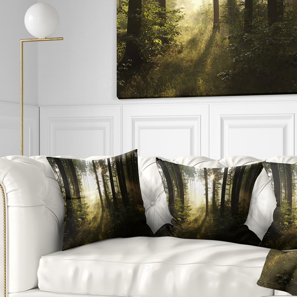 Designart Early Morning Sun in Misty Forest - Landscape Photography Throw Pillow - 16x16