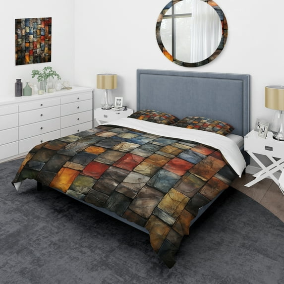 Designart "Earth Colors Tiles in Colorful Patterns I" Abstract Tile Bedding Covert Set - Abstract Colorful Modern Bed Set With 2 Shams