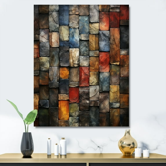Designart "Earth Colors Tiles in Colorful Patterns I" Geometric Canvas Wall Art - Modern Colorful Abstract Tile Bedroom Canvas Wall Art
