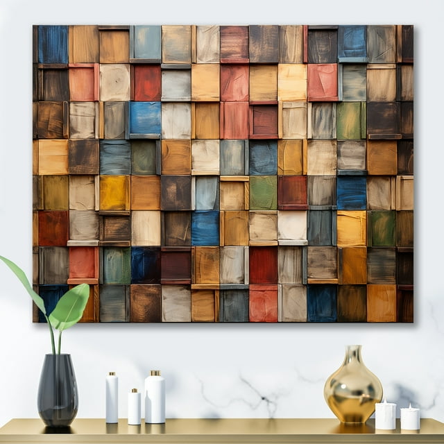 Designart "Earth Colors Tiles in Colorful Patterns III" Extra Large Geometric Wall Art - Bohemian Multicolor Boho Mosaic Hallway Wall Art Decor