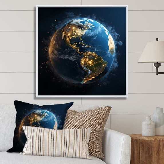 Designart "Earth Lights from the Cosmos I" Space Planet Floater Framed Canvas Art Print