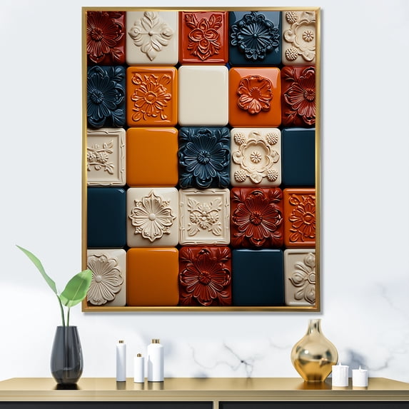 Designart "Earth-Toned Tiles Palette I" Abstract Framed Wall Art - Modern Orange Abstract Tile Living Room Framed Canvas Art