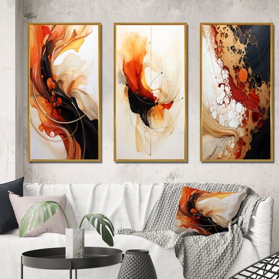 Designart "Earthly Conversations Dynamic Shapes III" Abstract Shapes Framed Wall Art Set Of 3 - Black Transitional Frame Gallery Wall Set For Home Decor