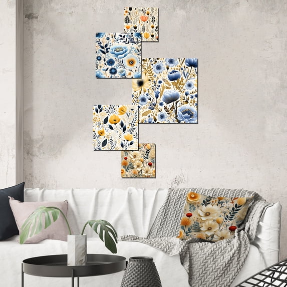 Designart "Earthy Beige Boho Harmony" Floral Wall Art Set Of 5 - Beige Cottage Office Room Metal Wall Art Set