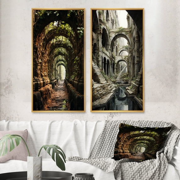Designart "Earthy Enchanted Forest in Green and Brown Tunnel I" Tunnels Framed Wall Art Set Of 2 - Green Architecture Frame Gallery Set For Office Decor
