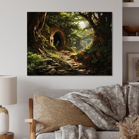 Designart "Earthy Enchanted Forest in Green Tunnel I" Landscapes Metal Art Living Room