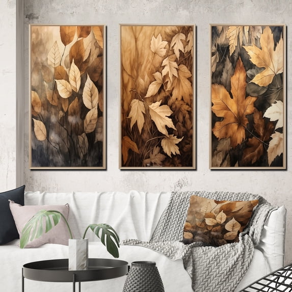 Designart "Earthy Foliage Balance V" Floral Framed Wall Art Set Of 3 - Brown Floral Frame Canvas Set For Living Room Decor