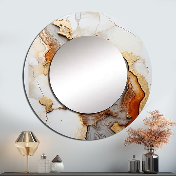 Designart "Earthy Orange Geode Minimalism" Stone Geode Round Mirror Wall Decor Traditional - Large Beige Round Bathroom Mirror - Round Mirror - 29" x 29"