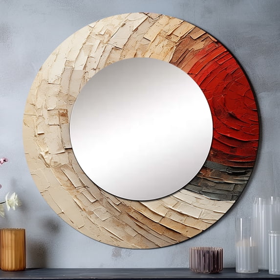 Designart "Earthy Red Pottery Spirals I" Abstract Spirals Rund Mirror For Wall Decor - Large Beige Round Printed Mirror -Modern Round Living Room Mirror - 23" x 23"
