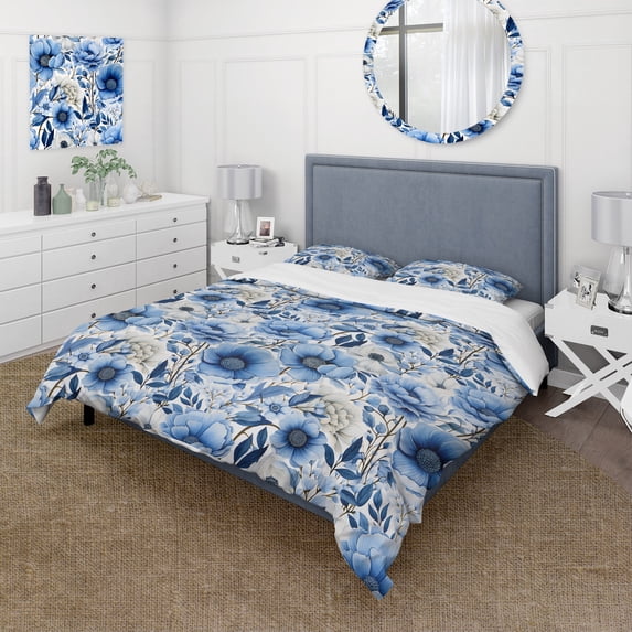 Designart "Eccentric Blue Watercolor Florals I" Floral Bedding Covert Set - Cottage Bed Set With 1 Sham