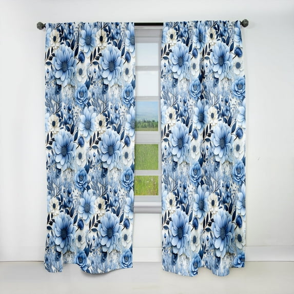 Designart "Eccentric Blue Watercolor Florals II" Floral Blackout Curtain Single Panel